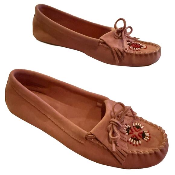 RARE VTG Rampage 90s Y2K Pink Suede Beaded Moccasins Boho Western Soft Girl 8.5 - Picture 2 of 5